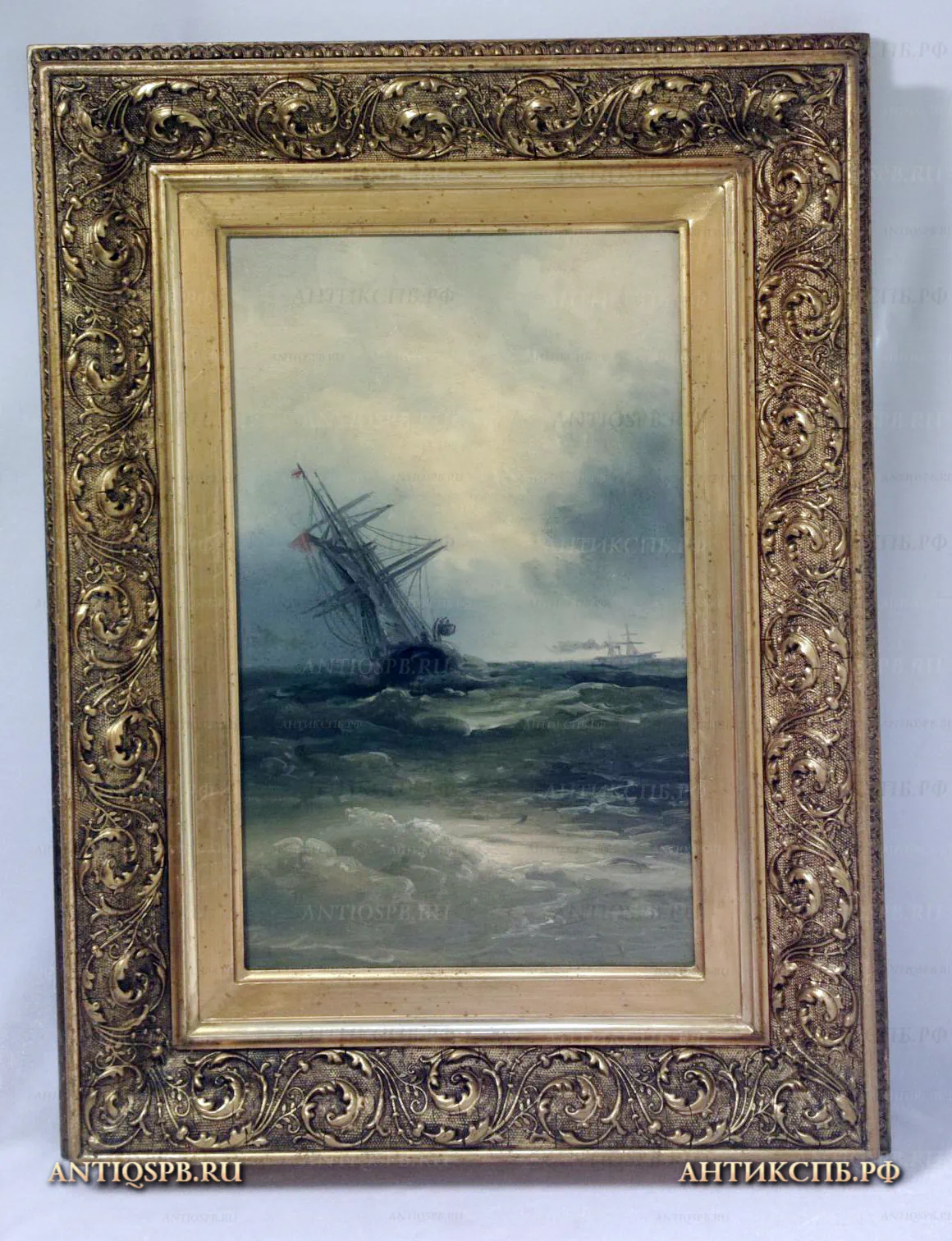 Картина старинная "Морской пейзаж с кораблями". Нач. ХХ века. Россия. №18444.2
